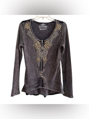 Y2K Witness Gray Dark Top Lace Mineral Wash Beaded Grunge Goth Whimsigoth M